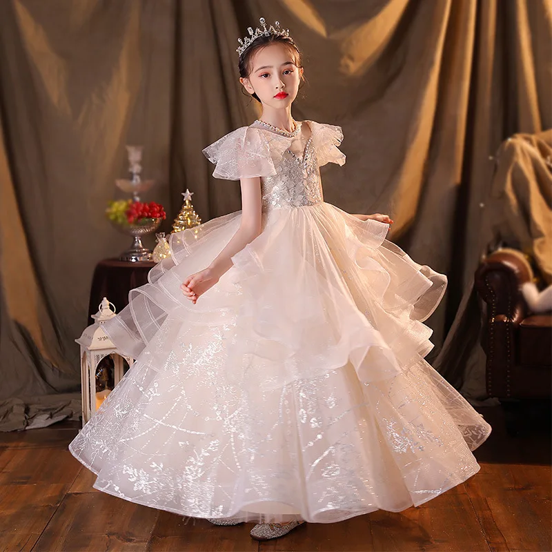 Vestido largo Formal de lentejuelas con cuentas para niños, ropa elegante para fiesta de cumpleaños, desfile, novedad