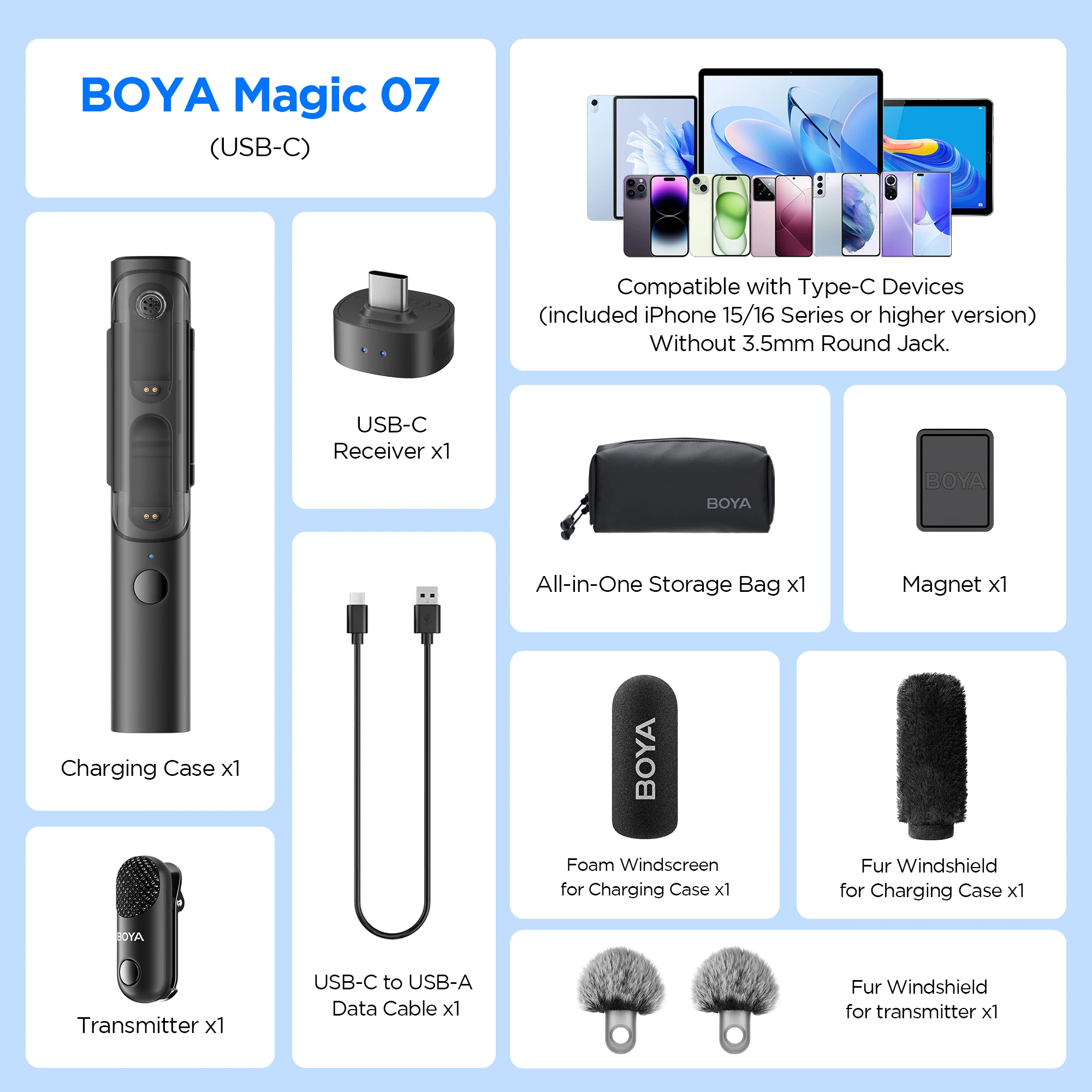 BOYA Magic Wireless Lavalier Microphone 4 Forms in 1 Mic for iPhone Android USB-C Phone Camera for Interview Live Streaming