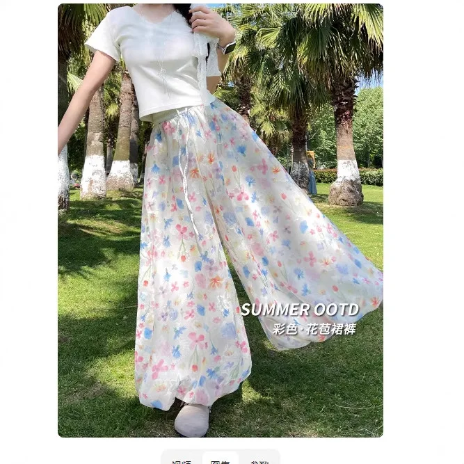 ワイドレッグパンツ ロング レディース 夏 超薄型 穴あき ソフト ブリッチ ポルカ カラーブロッキング シフォン エアリー マッチング カワイイ パンツ