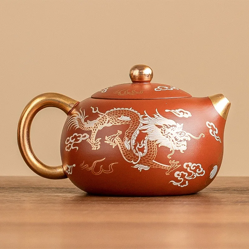 Dragon Phoenix Chengxiang Gilt Teapot Single Pot Red Clay Purple Sand Xishi Pot Single Chinese Kung Fu Tea Set Gift Box