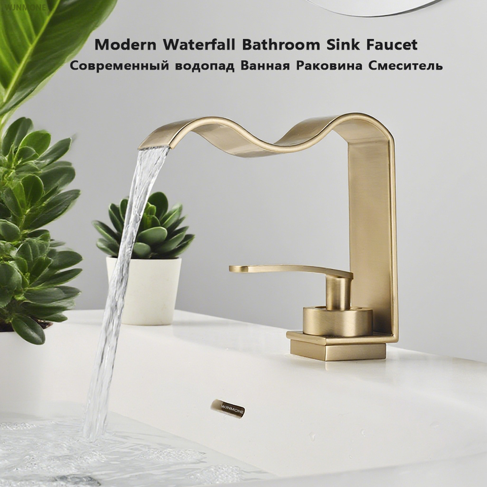  Luxury Brushed Gold Bathroom Sink Faucet Deck Mounted Hot Cold Brass Mixer Waterfall Basin Faucets Lavatory Washbasin Water Tap 