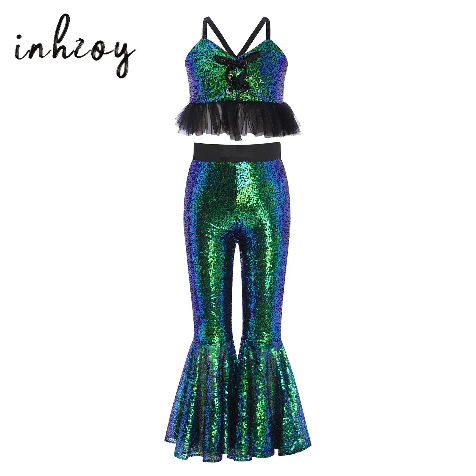 

Kids Girls Disco Jazz Latin Dance Performance Costume Spaghetti Straps Tulle Ruffles Glittery Sequins Camisole with Flared Pants