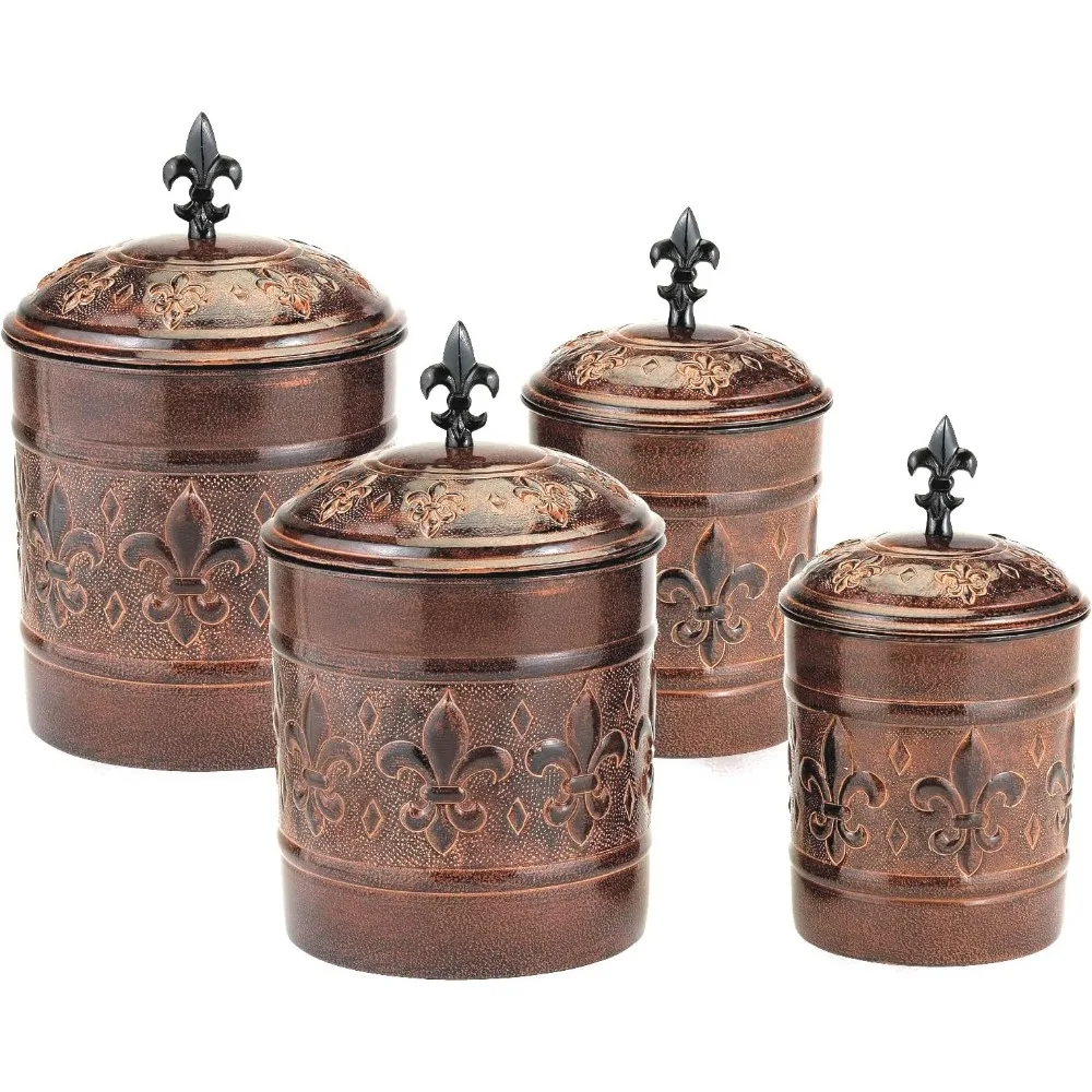 

Antique Iron Canister Set with Fresh Seal Lids, 4-Piece Kitchen Storage for Flour Sugar Pasta Coffee