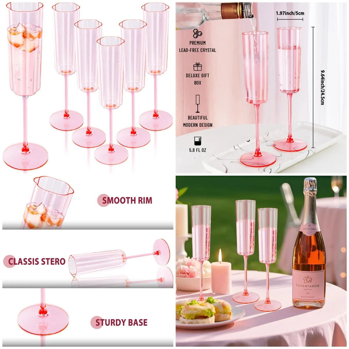 

24 упаковки розовых волнистых флейт для шампанского на 6 унций — винтажные одноразовые очки для свадьбы, вечеринки, юбилея