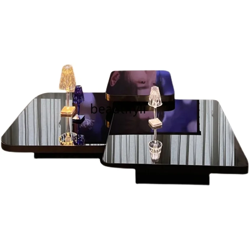 yj Italian-Style Light Luxury Minimalist Coffee Table Marble Stainless Steel Designer Glass Square Combination