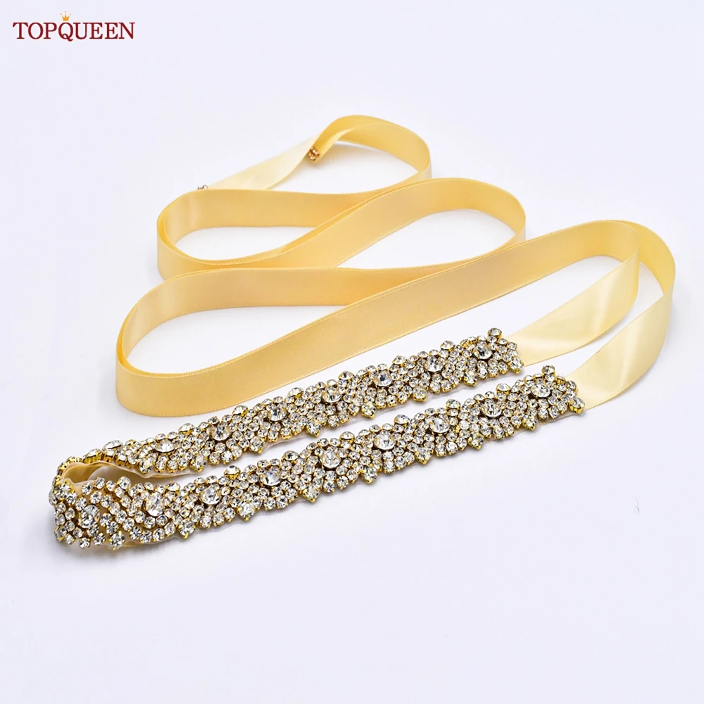 TOPQUEEN-Cinturón de boda de S28B-G para mujer, accesorios de vestido de noche con diamantes de imitación dorados, banda personalizada, venta al por mayor