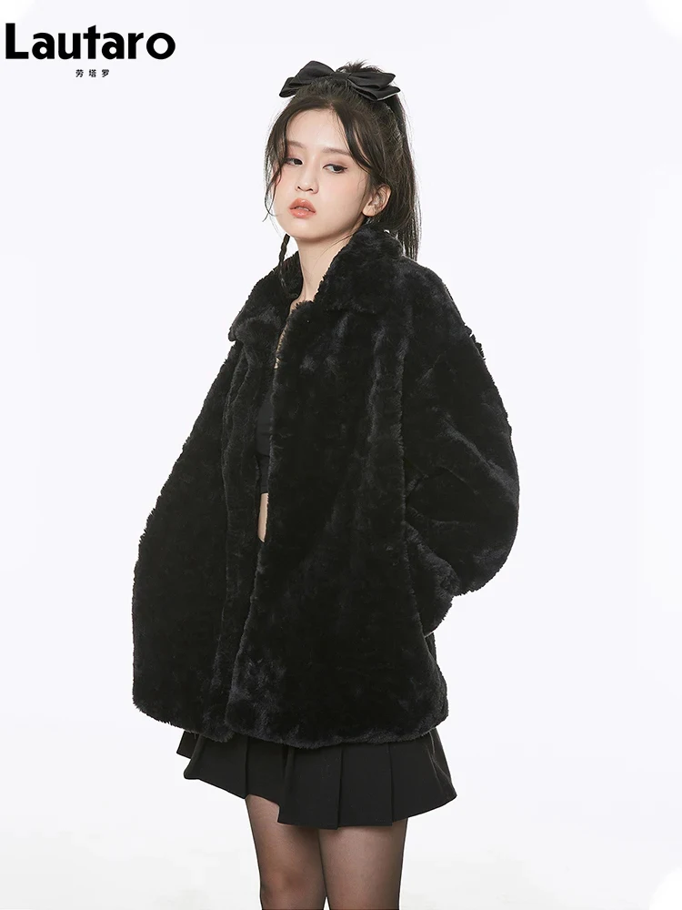 Lautaro-Soft Black Faux Rabbit Fur Coat for Women, Fluffy Jacket, Thick and Warm, Furry, Casual and Sweet, Luxury Warm, Winter