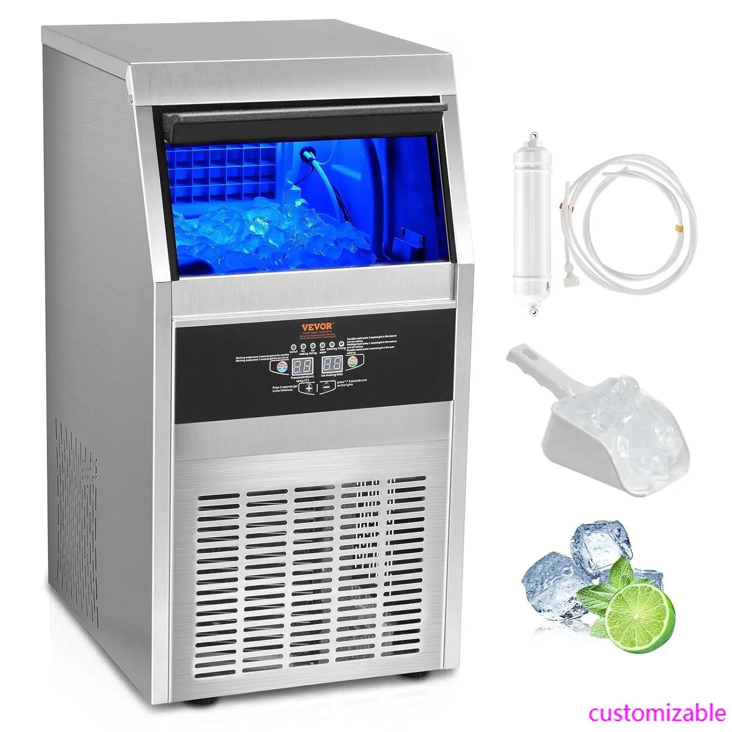 

Commercial Ice Maker, 90lbs/24H, Maker Machine, 45 Cubes in 12-15 Minutes, Freestanding Cabinet Maker