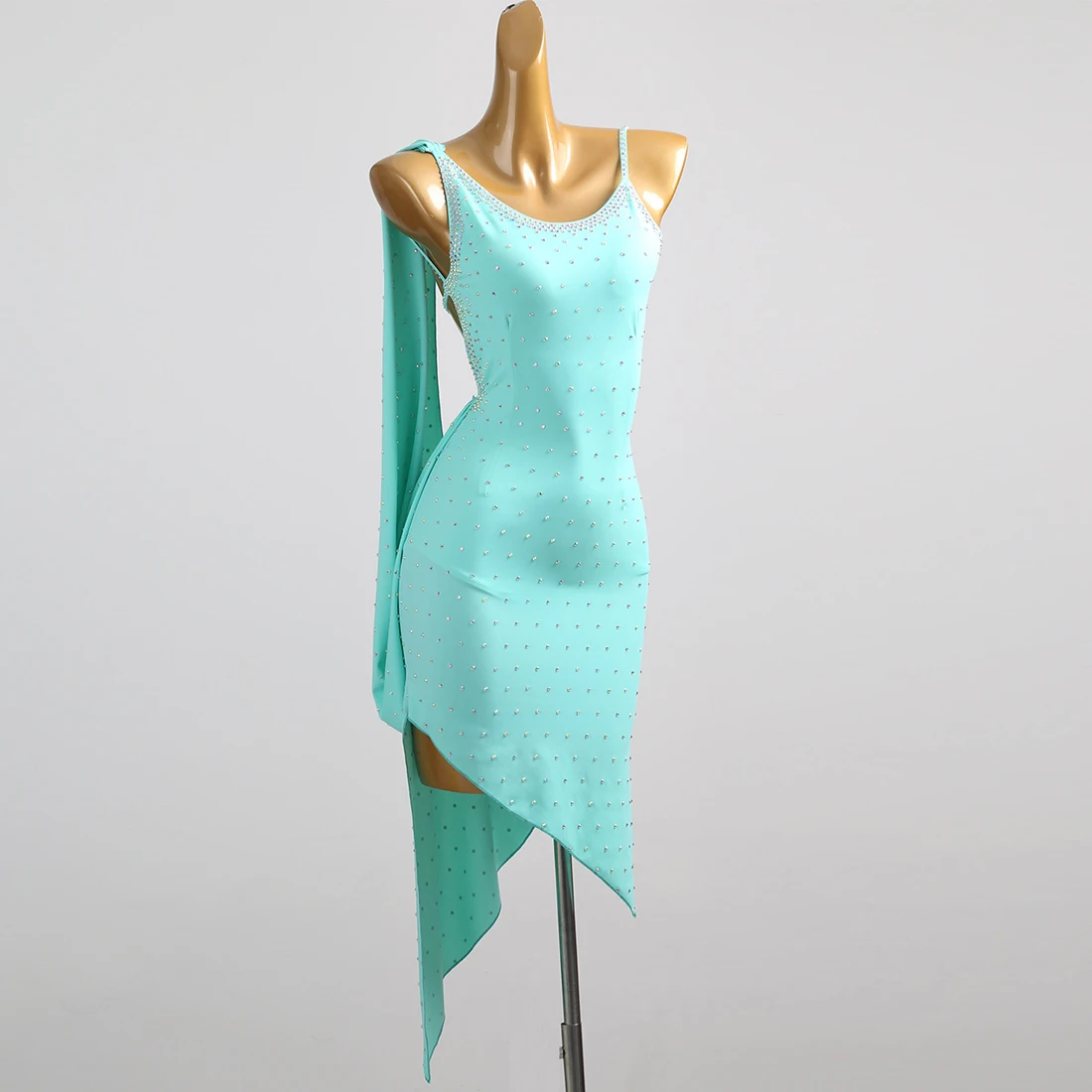 

New Mint Green Latin Dance Competition Clothing Suspenders Full Of Diamonds And Floating Yarn Professional Ballroom Dance Dress