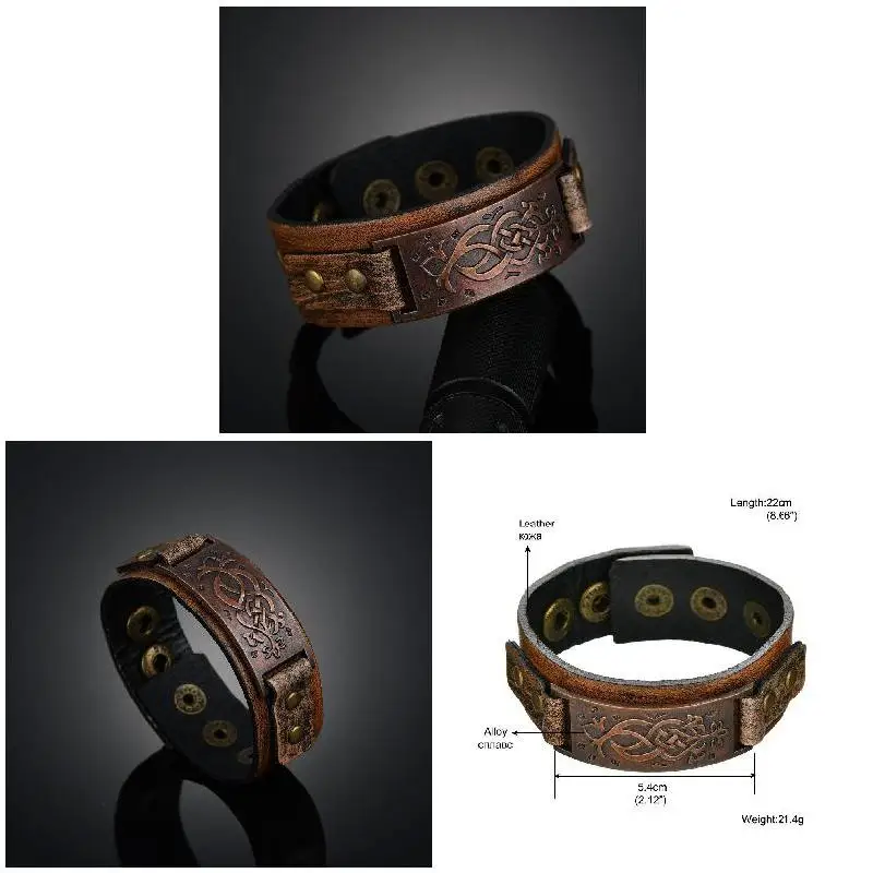 Men Roman Force Bracelet Vintage Wristband Cool Wide Decoration Charm Gifts Bronzed Retro Leather Snap Bangles Suitable Apparel