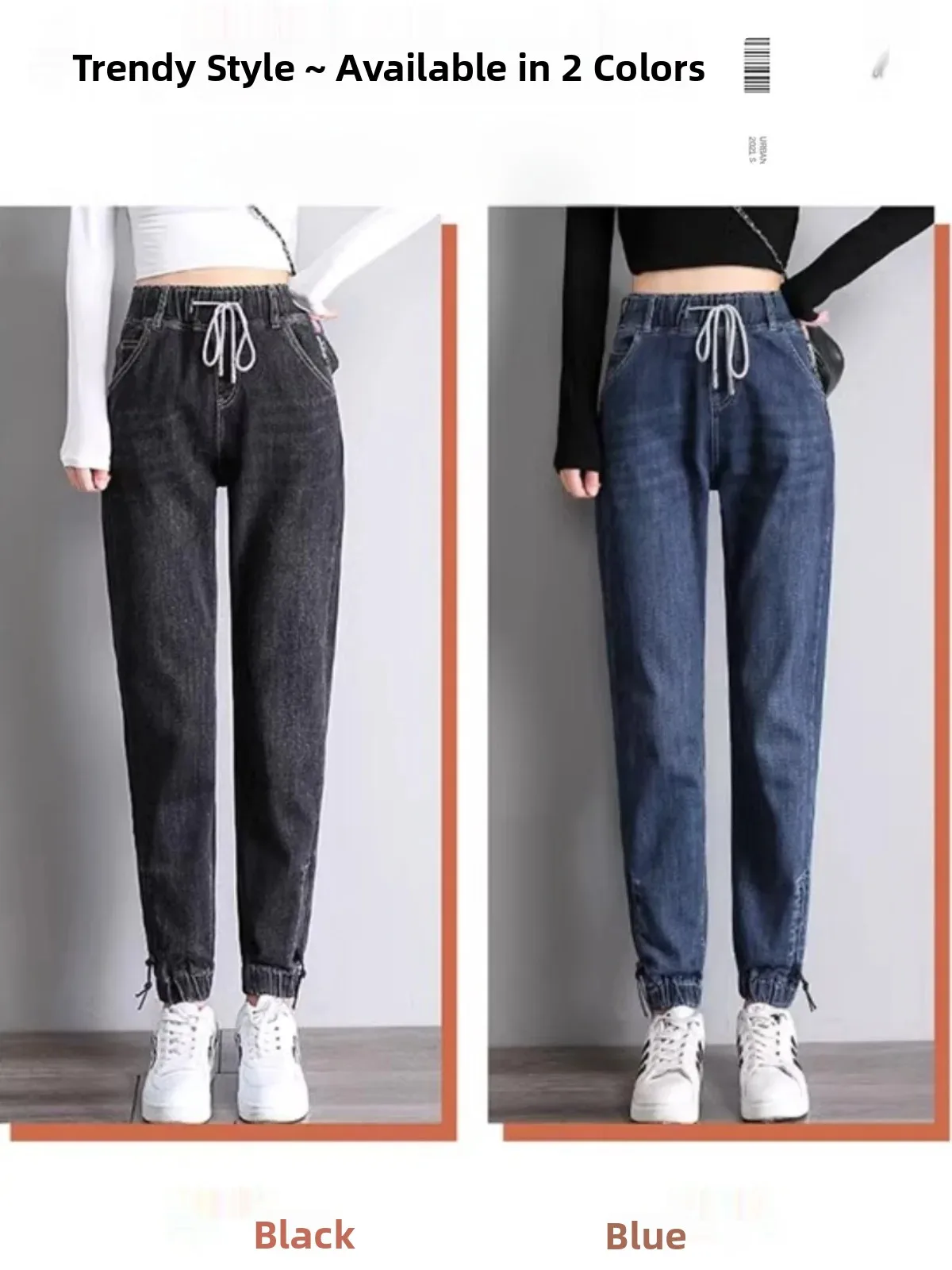 Women's Fleece Lined High Waist Elastic Waist Thickened Denim Jeans Winter New Style Student Elastic Harlan Loose Straight Le...
