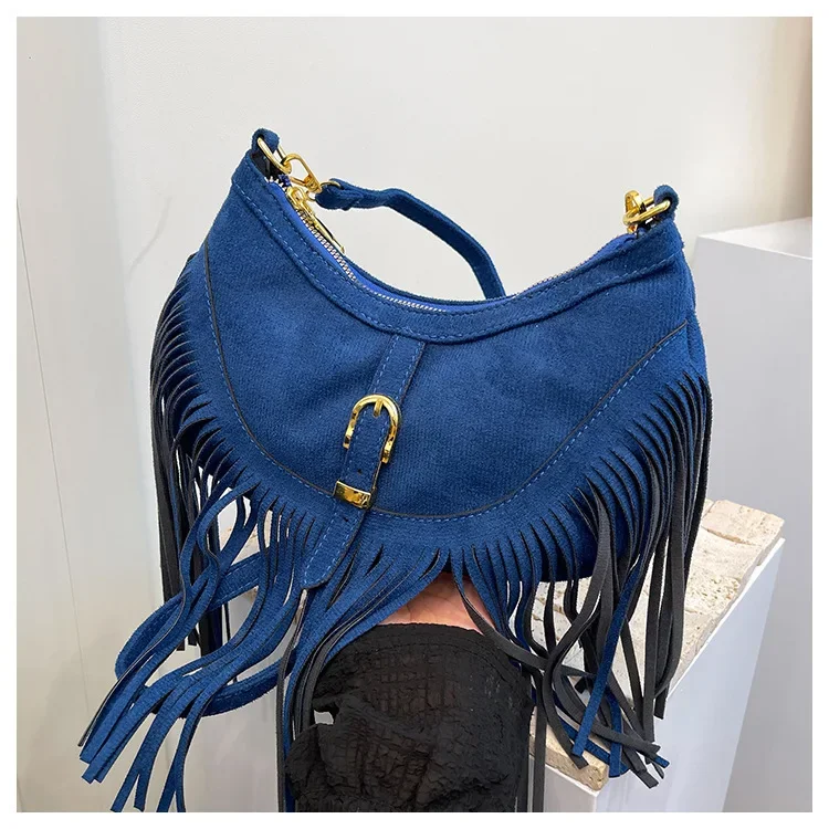 2024 Fashion Tassel Shoulder Bags for Women Luxury Designer Crossbody Bag Saddle Retro Faux Suede Handbag Ladies Shopping Bag