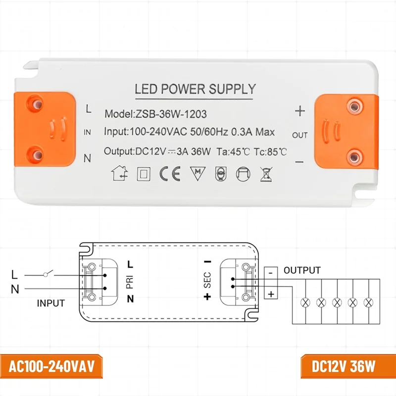 12V Low Voltage LED Transformer, 230V To 12V Step Down Transformer, 36W 3A LED Driver Power Supply