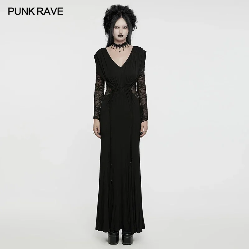 

PUNK RAVE Women's Gothic Low V-neck Hollow Sexy Dark Dress Slim Waist Pleats Layering Splicing Lace Party Gorgeous Long Dresses