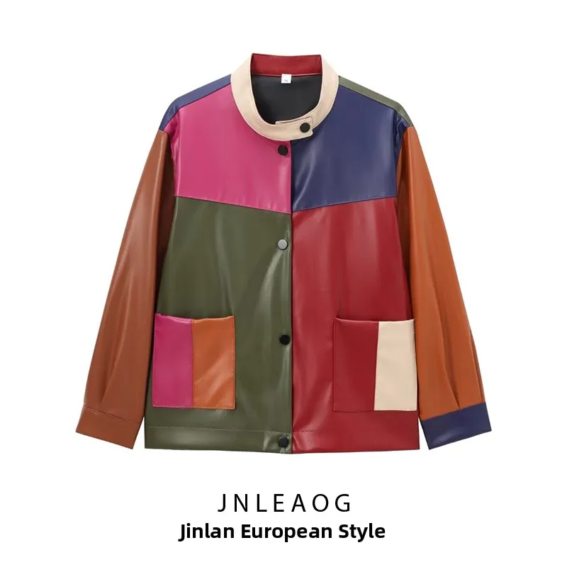 Faionable Stehkragen Patchwork Farbe Leder Jaet frauen Herbst Neue Sle JNLEAOG Französisch Sle Gerade Rohr Mantel
