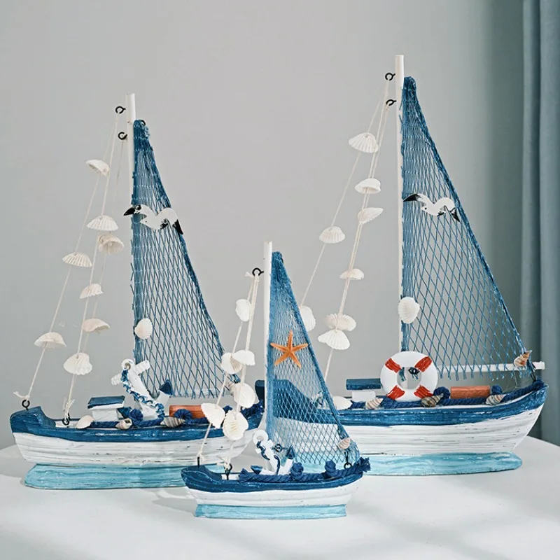 

Wood Bookshelf LED Wood Sailboat Mediterranean Model Wooden Sailboat Miniature Nautical Decoration Mediterranean