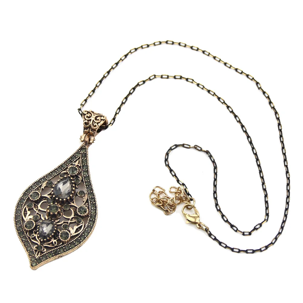 Sunspicems Unique Gray Crystal Pendant Necklace For Women Antique Gold Color Vintage Jewelry Party Accessories Luxury Gifts