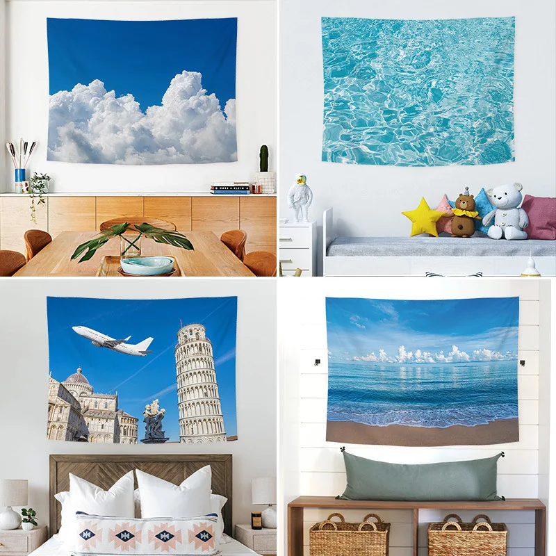 VIKAMA ins minimalist and soothing blue sky and white cloud tapestry, fresh sky style bedroom and living room background fabric