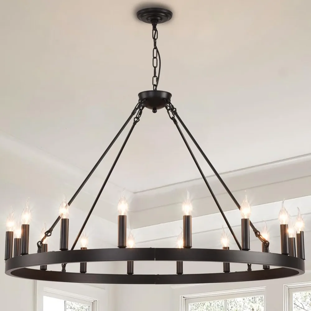 Black Large Farmhouse Wagon Wheel Chandelier,16-Light Rustic Round Hanging Light Fixture,Outdoor Wheel Chandelier