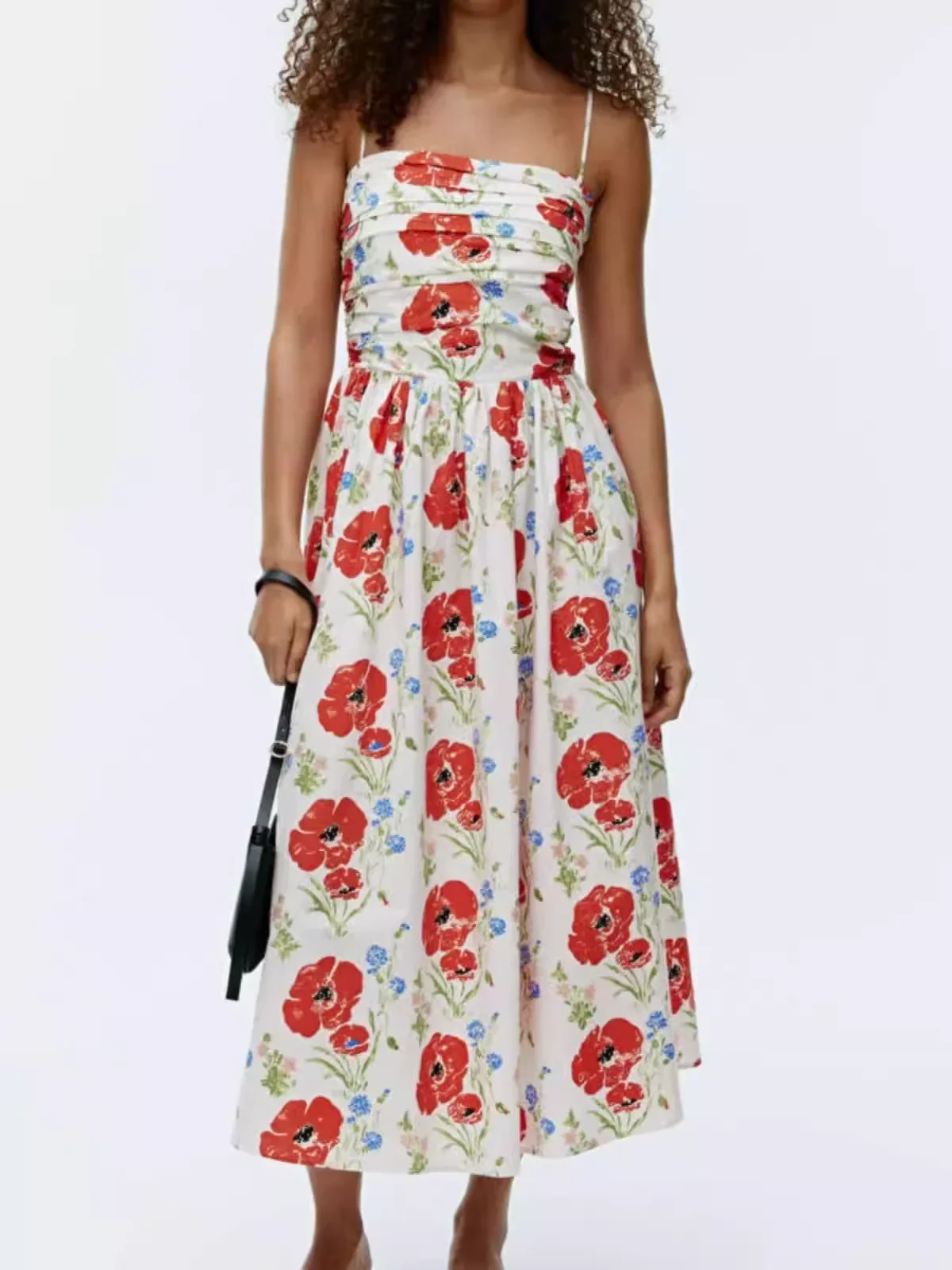 

Women Flower Print Sling Robe Summer Pleated Strapless High Waist Sleeveless Holiday Casual Cotton Dress