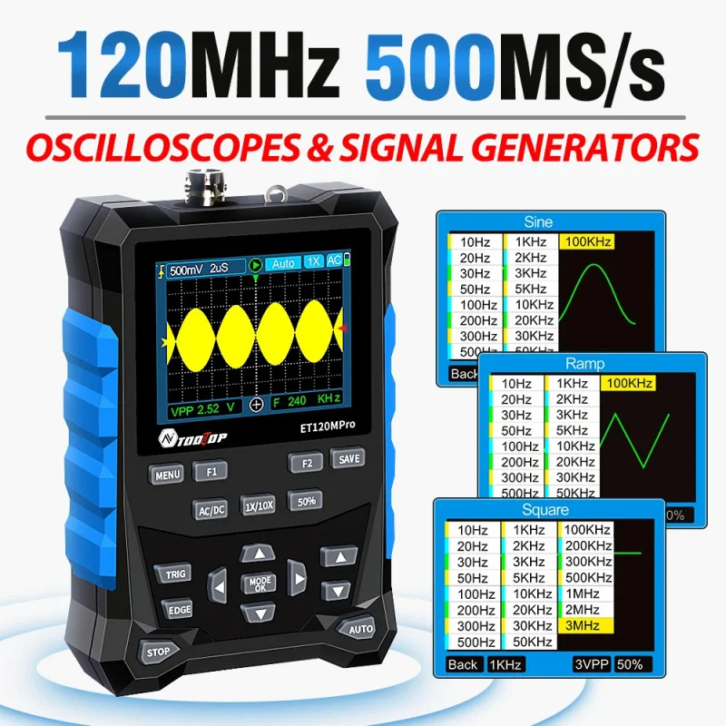 TOOLTOP ET120Mpro Generatore di segnale oscilloscopio digitale portatile 2 in 1 120 MHz 500 MS/s Frequenza di campionamento veloce Mini oscilloscopio automatico