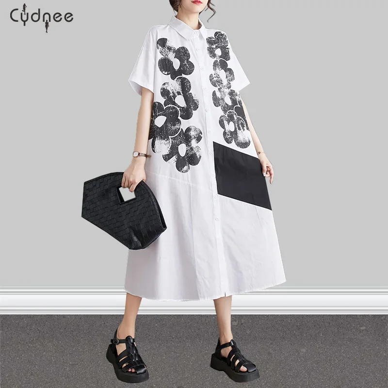 Black White Flower Print Long Shirt Dress Women's Loose Vintage A Line Dress Pocket Split Joint Office Midi Summer Dresses