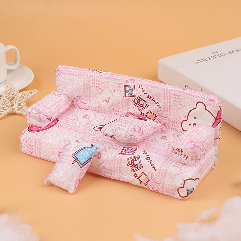 3 pçs/set casa de bonecas pequeno bonito floral tecido sofá conjunto móveis com 2 travesseiros acessórios para casa boneca decoração brinquedos