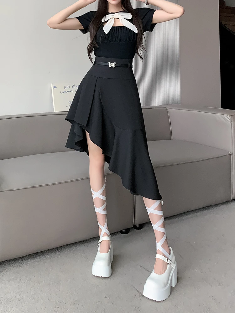 2024 Letnie spódnice damskie Slim Solid Color Irregular High Waist Ruffles Design Spódnica Summer All Match Elegancka odzież damska