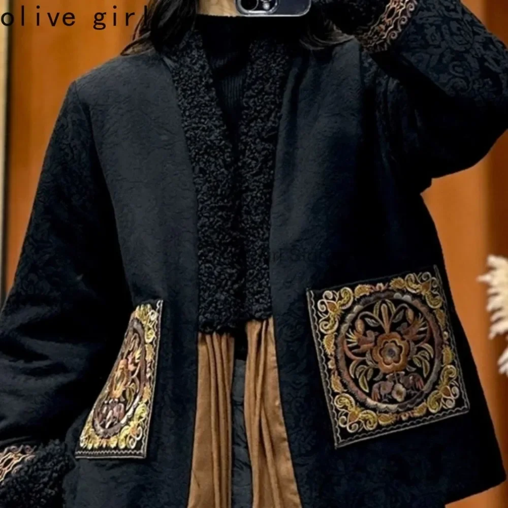 5XL Oversized Coat Cotton Linen Embroidered Traditional Chinese Clothing Plus size Spring Autumn Winter Women's Cardigan Jacket