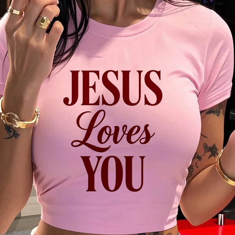 Camisetas Cortas Sexys con Estampado de Jesús Te Ama para Mujer, Camiseta Vintage con Gráficos de los 90, Cuello Redondo, Manga Corta, Camiseta Corta para Chicas