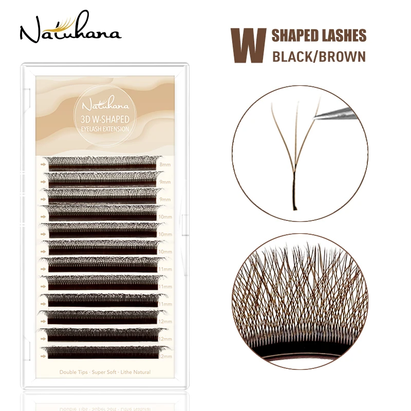 NATUHANA 3D W Shape Individual Lashes Easy Fan W Style Black Eyelash Extensions Soft W-Shaped Brown Eyelashes for Makeup Tool