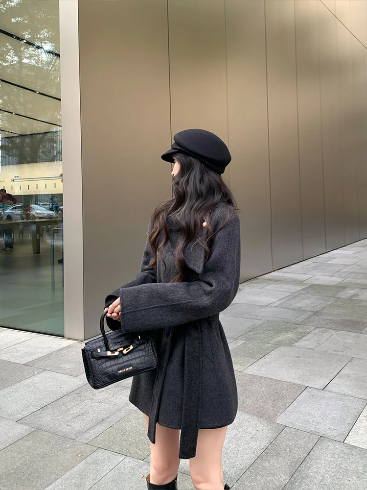 

Linyaner Double-Sided Woolen Coat Women's ort Sle Autumn Winter High-End Camere Outerwear Bla ey Korean Loose Fit