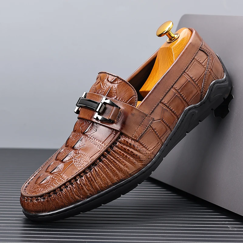 

Men's Leather Shoes Crocodile Pattern Beanie Shoes Leather Breathable Autumn 2025 New Business Casual Loafers One Pedal