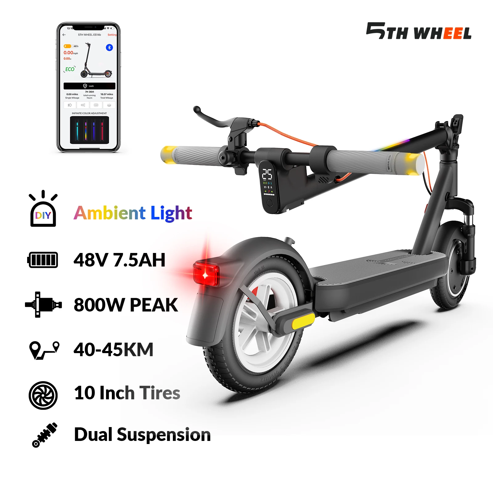 Trottinette électrique 5TH WHEEL, pneus pleins de 10,5 pouces, 400W, 25 km/h, autonomie de 40-45 km, clignotants, 46V 8AH