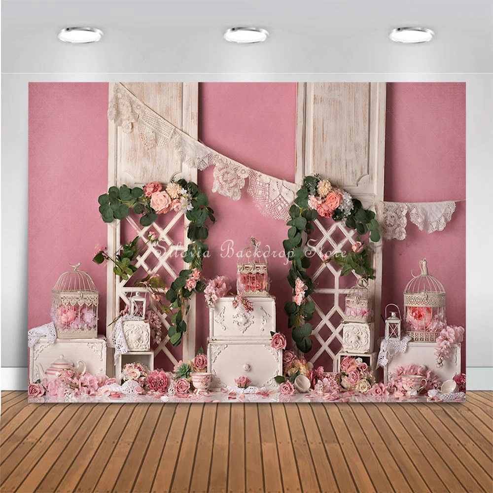 Tea Party Pink Rose Garden Photography Backdrop Princess Girl's Birthday Cake Smash Photo Background Lace Photo Studio Props