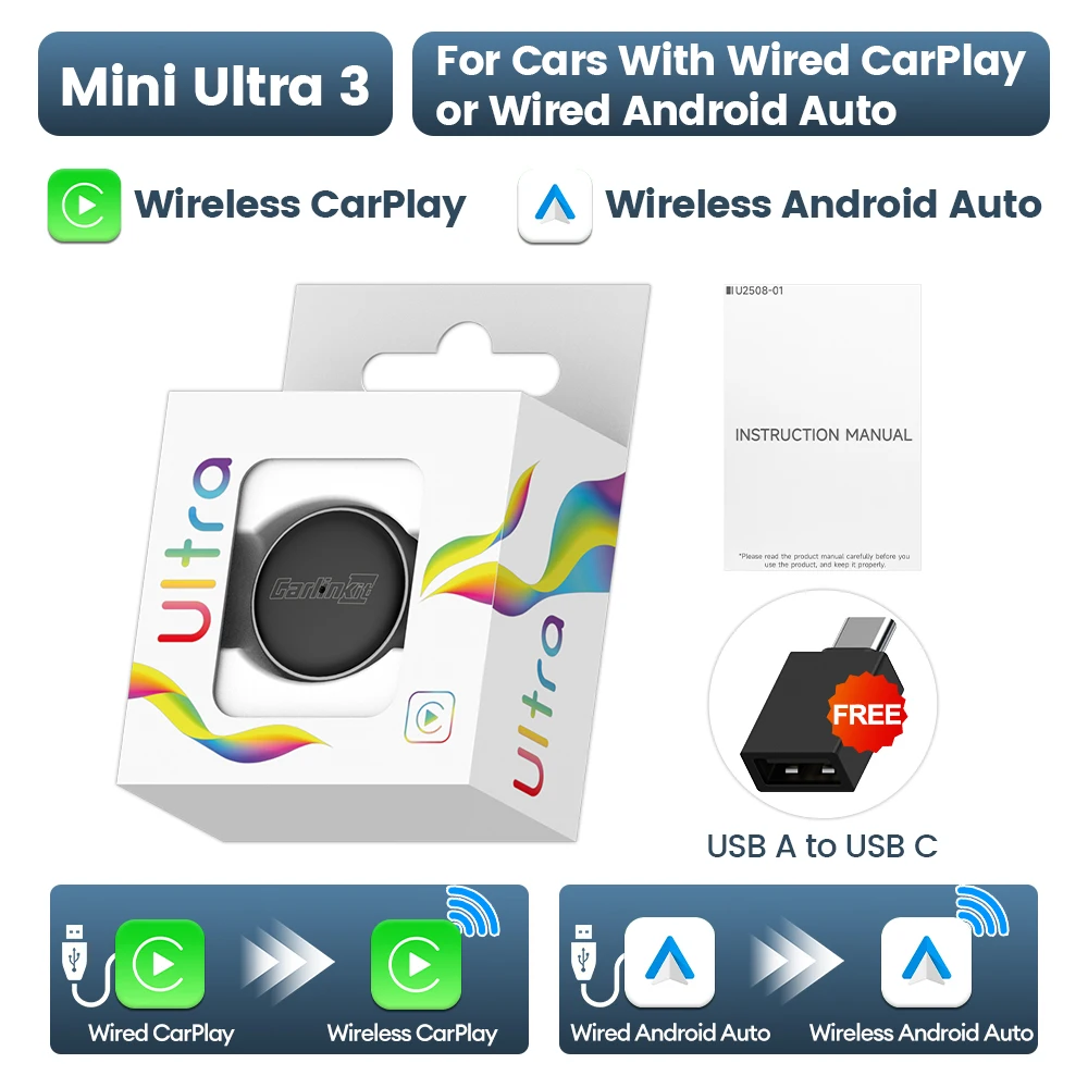 Mini Ultra 3 CarlinKit draadloze Android Auto Box Bedraad naar draadloos CarPlay-adapter Plug & Play Wifi Bluetooth Snelle automatische verbinding