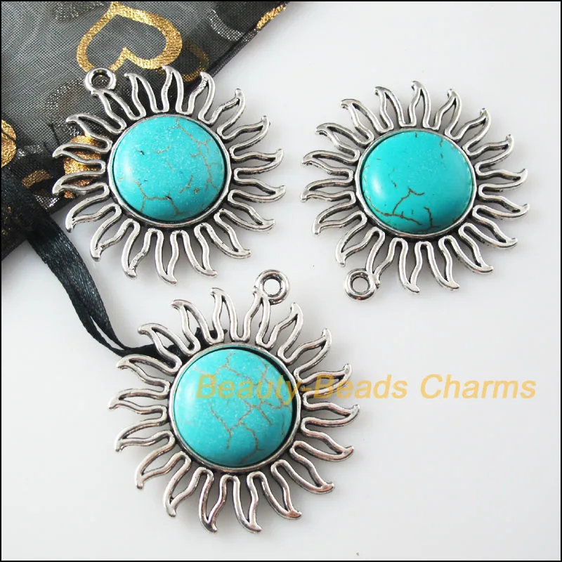 3Pc Retro Tibetan Silver Sun Flower Charms Pendants 42.5x46mm