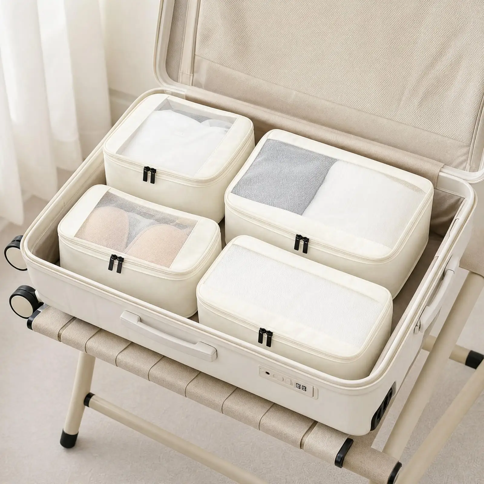 スーツケース用の軽量メッシュ製旅行用収納ポーチ。透明なファスナー付きで、衣類、洗面用具、化粧品などを整理して収納できます。