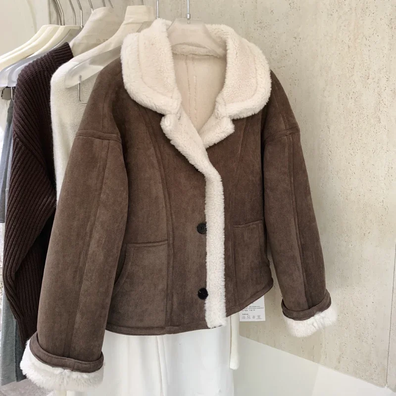 Bomon American Vintage Brown Fur One-Piece Lamb Fur Suit Collar Coat Korean Short Faux Fur for Women 2024 Winter Thermal Coat