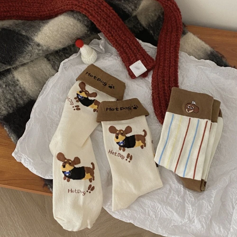 2Pairs Breathable Cute Cotton Socks Dachshund Patchwork Striped Socks Hosiery Mid-calf Stockings Cartoon Socks Girls