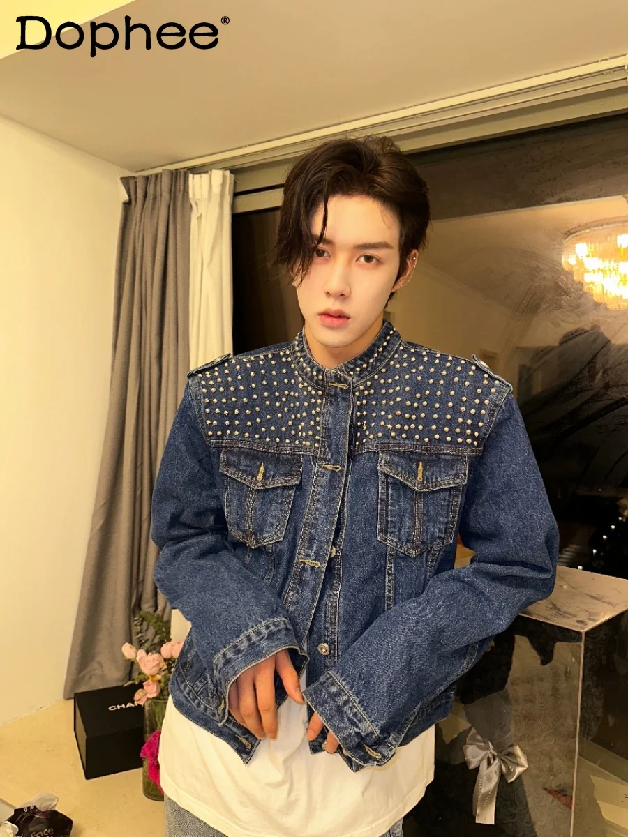 

Fashion New 2024 Men's Spring Autumn Denim Coats Beaded High-End Long Sleeve Solid Color Trendy Male Retro Short Denim Jackets