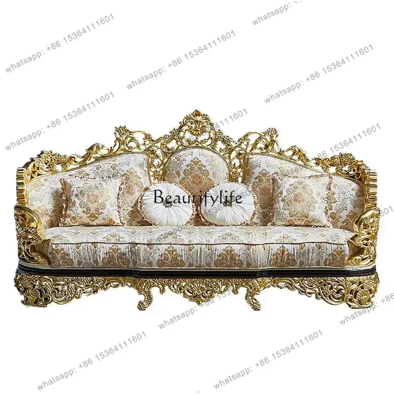 Customization French luxury solid wood carving flower sofa European living room with gold leaf