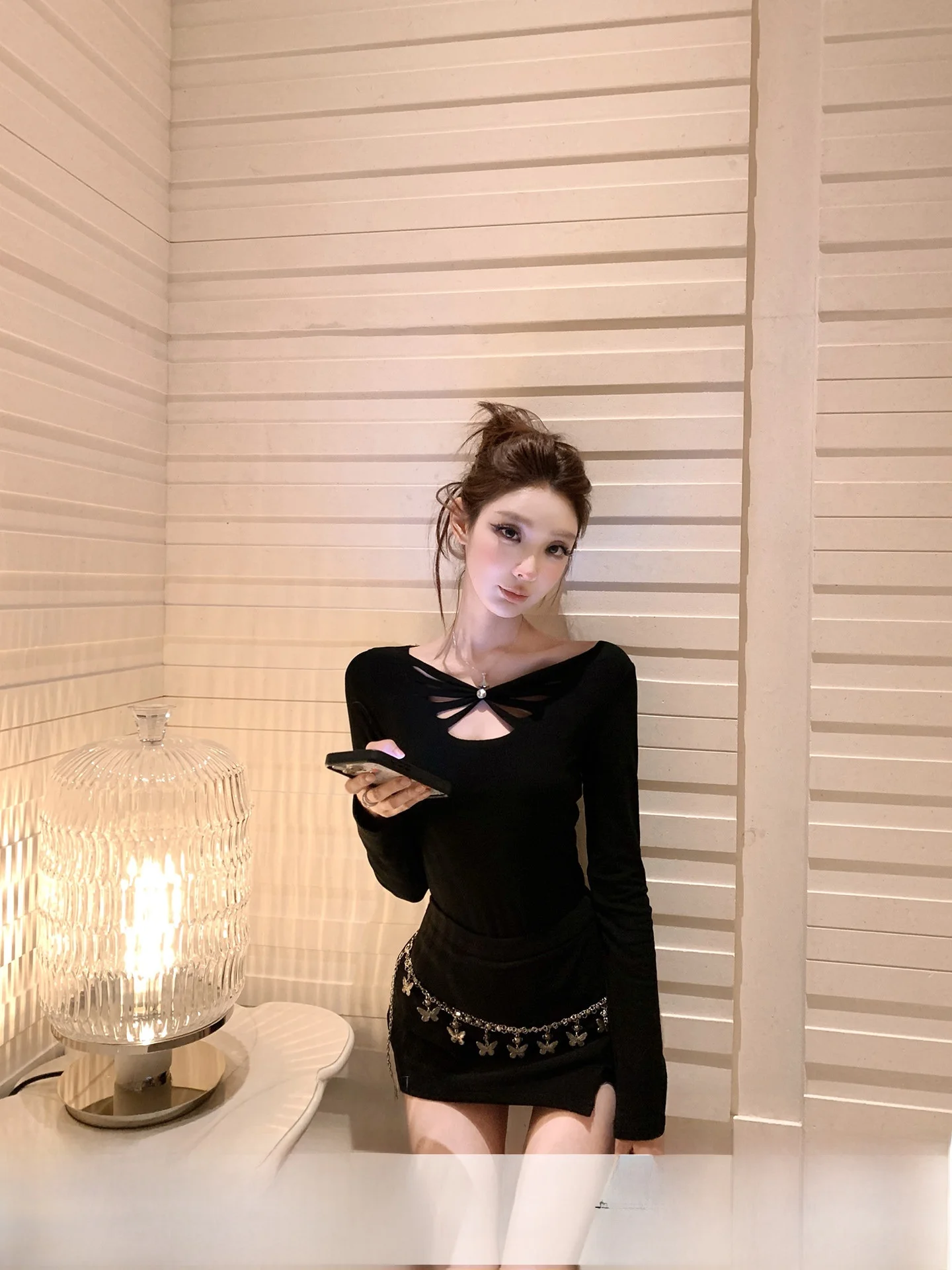 YOLI Pure Desire Bla Hollow out T-irt Women's Spring Slim Fit Base Layer irt Casual Sle Cotton Blend Long Sve V-Ne