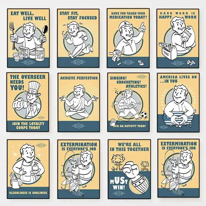 Videojuego clásico Fallouts Vault Boys, impresiones de carteles, lienzo HD Vintage, pintura, arte de pared para decoración del hogar y la sala de estar