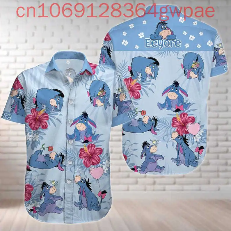 

Гавайские рубашки Eeyore с 3D принтом, мужские и женские детские летние повседневные пляжные рубашки с короткими рукавами Disney, модные рубашки на пуговицах
