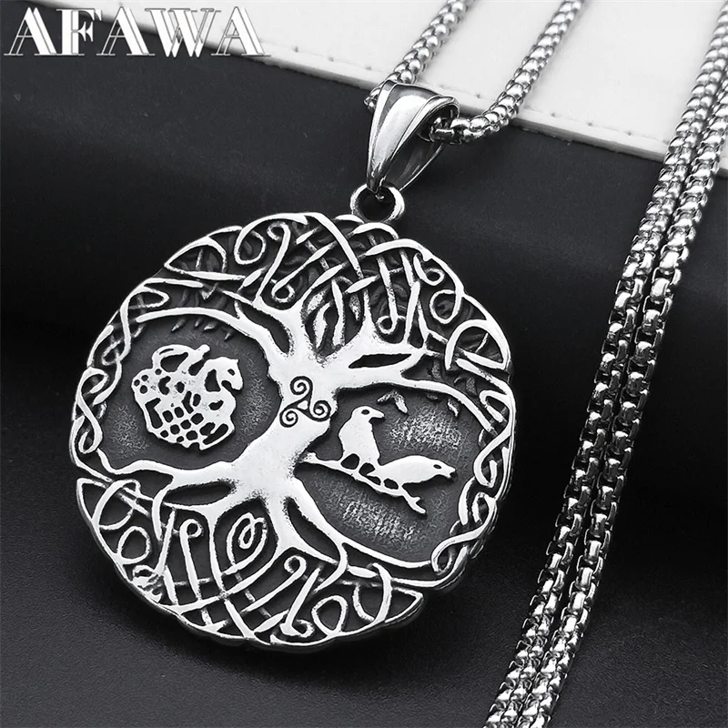 

Viking Norse Celtic Knot Amulet Raven Necklace for Women/Men Stainless Steel Tree of Life Necklaces Jewelry collar NZZ401S02