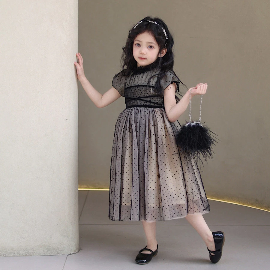 

Черное сетчатое платье в горошек с цветочным узором для девочек, корейские платья принцессы с короткими рукавами для дня рождения, детские платья для выступлений на фортепиано