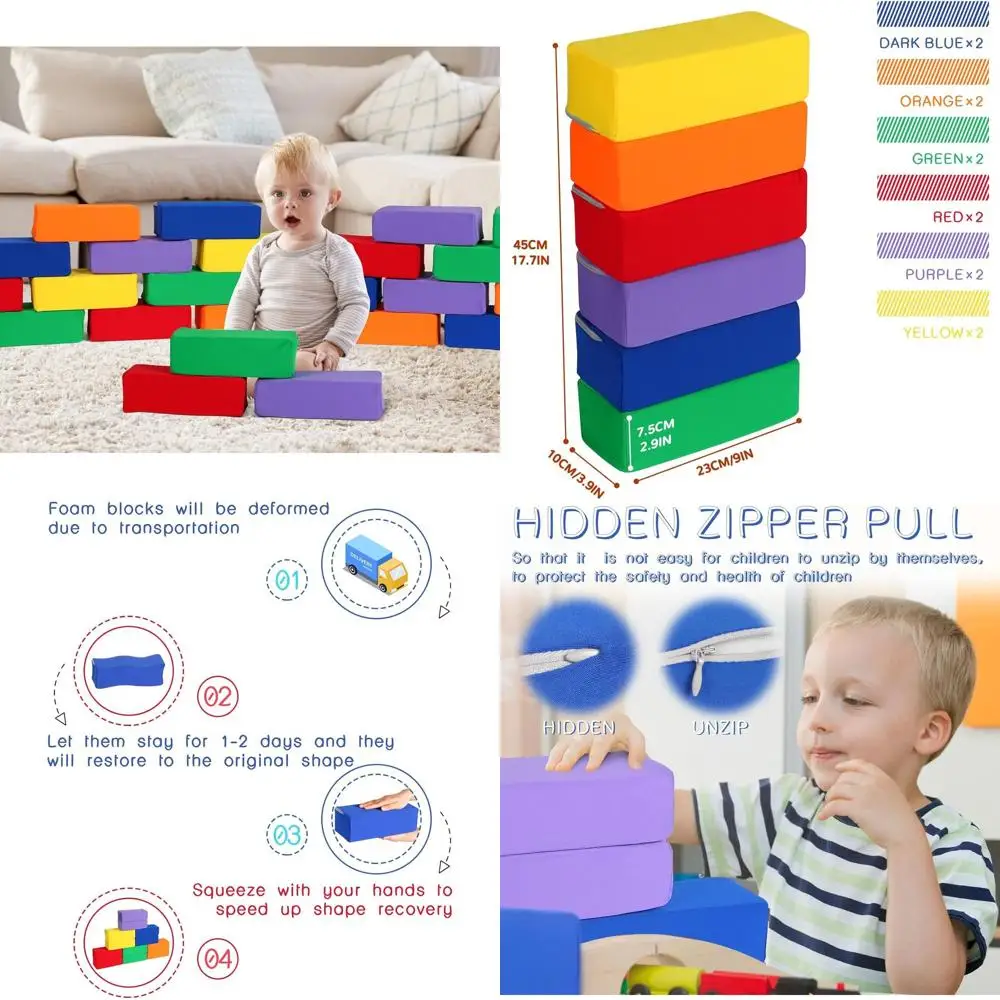 12-częściowy zestaw bloków piankowych pokrytych tkaniną - 23x10x7,6 cm, zestaw do budowania i zabawy dla dzieci