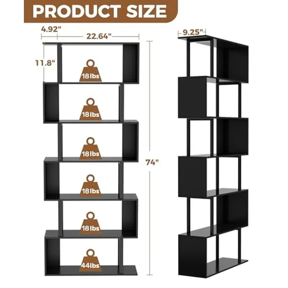 Modern 6 Tier Black Geometric Bookcase Storage Shelf Wood Metal S-Shape Space Saving Durable Shelf