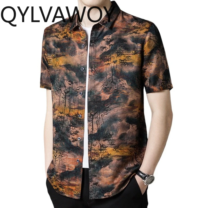 

Мужские рубашки QYLVAWOY из шелка тутового шелкопряда, летние топы, ретро-рубашки с коротким рукавом для мужчин, тонкая мужская одежда, деловой повседневный стиль